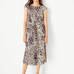 Ann Taylor Petite Mixed Animal Print Tie Waist Midi Dress, Size 0P NWOT